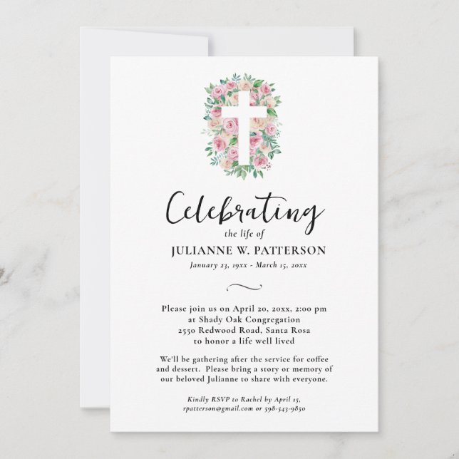 Convites Celebração da Vida, Rosa, Foto, Funeral (Frente)