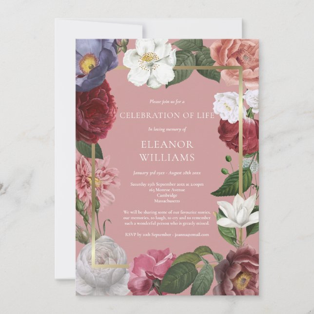 Convites Celebração da Vida Rosa Rosa Funeral Dourada Flora (Frente)