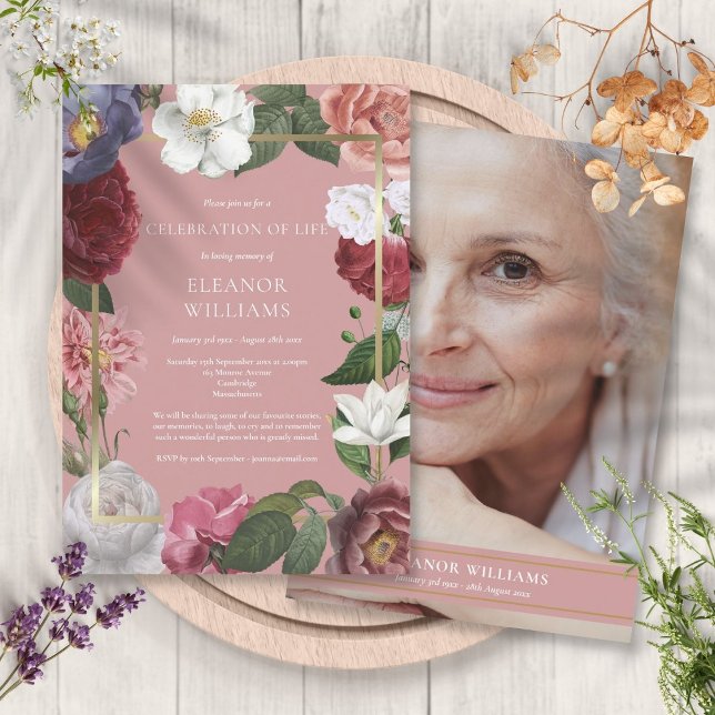 Convites Celebração da Vida Rosa Rosa Funeral Foto Floral (Celebration of Life Funeral Pink Rose Floral Photo Invitation)
