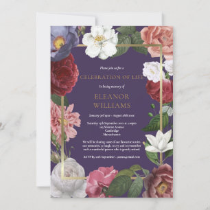 Convites Celebração da Vida Roxo Rosa Floral Dourada 