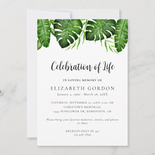 Convites Celebração da Vida Tropical Monstera Memorial (Frente)