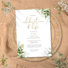 Convites Celebração da Vida Verde Floral Funeral Dourado