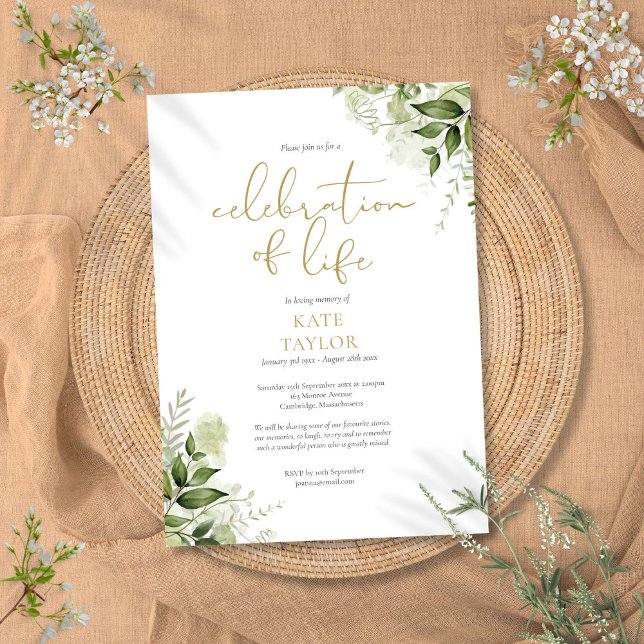 Convites Celebração da Vida Verde Floral Funeral Dourado (Gold Celebration of Life Greenery Floral Funeral Invitation)
