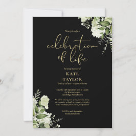 Convites Celebração da Vida Verde Floral Preto e Dourado
