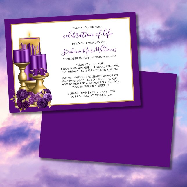 Convites Celebração da Vossa Vela do Memorial Funeral (Celebration of Life Funeral Memorial Purple Candle Invitation)