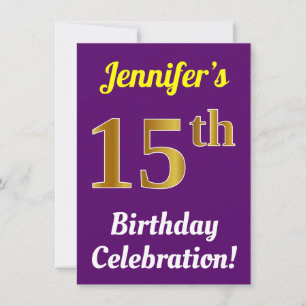 Convites Celebração de 15 anos roxo, dourado falso + Nome