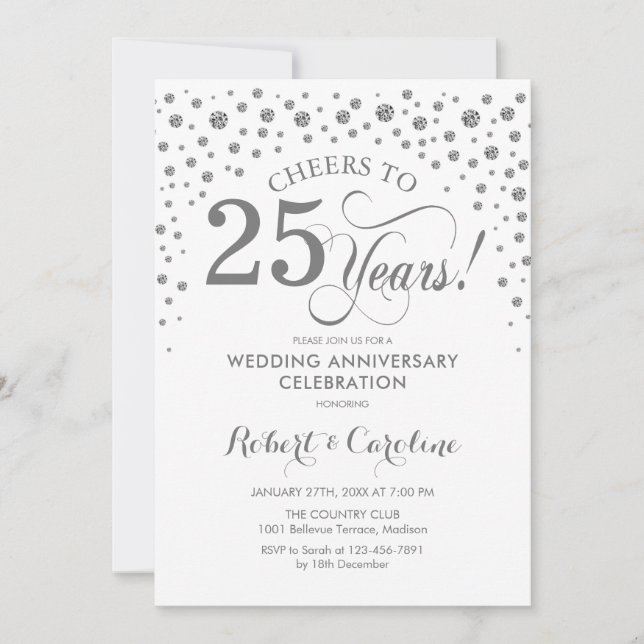 Convites Celebração de 25º Aniversário - Branco Prata (Frente)