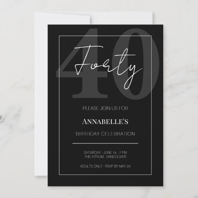 Convites Celebração de 40º Aniversário Preto e Branco (Frente)