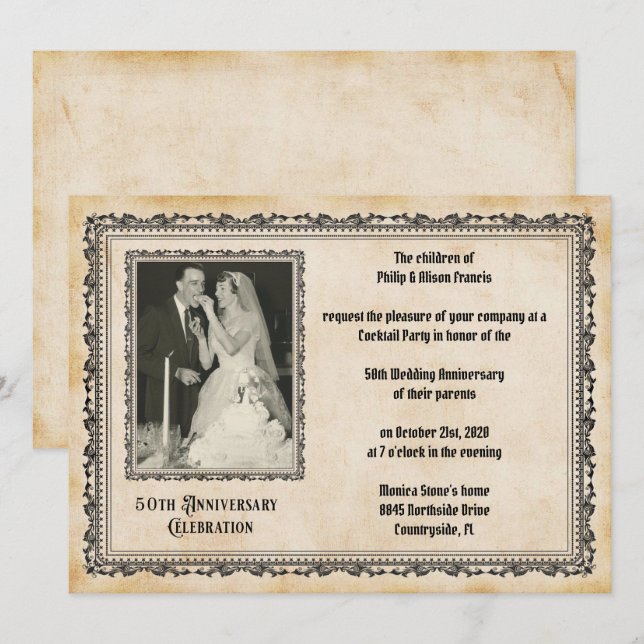 Convites Celebração de 50º Aniversário com Estilo Vintage (Frente/Verso)