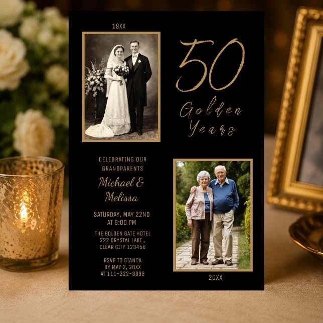 Convites Celebração de 50 Anos de Avós (Elegant black and gold grandparents 50th anniversary invitation with timeless then and now photos.)