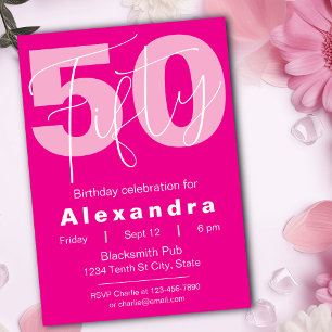 Convites Celebração de 50 Anos Feliz Cor-de-Rosa e Branco