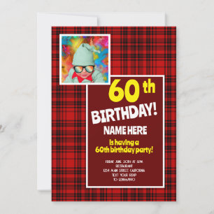 Convites Celebração de 60º Aniversário Xadrez Vermelho Pret