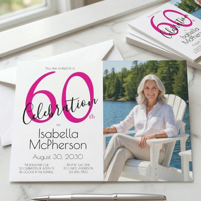 Convites Celebração de 60 anos Minimal Rosa Aniversário de  (Criador carregado)