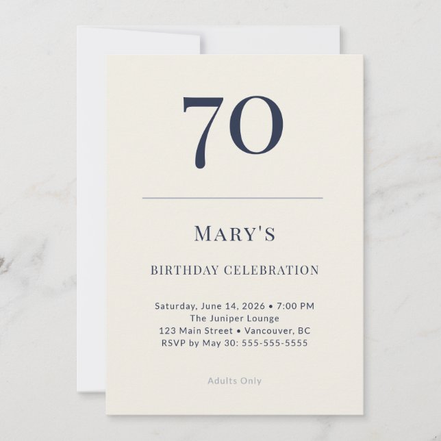 Convites Celebração de 70 Anos Clássico Azul Marinho e Crem (Frente)