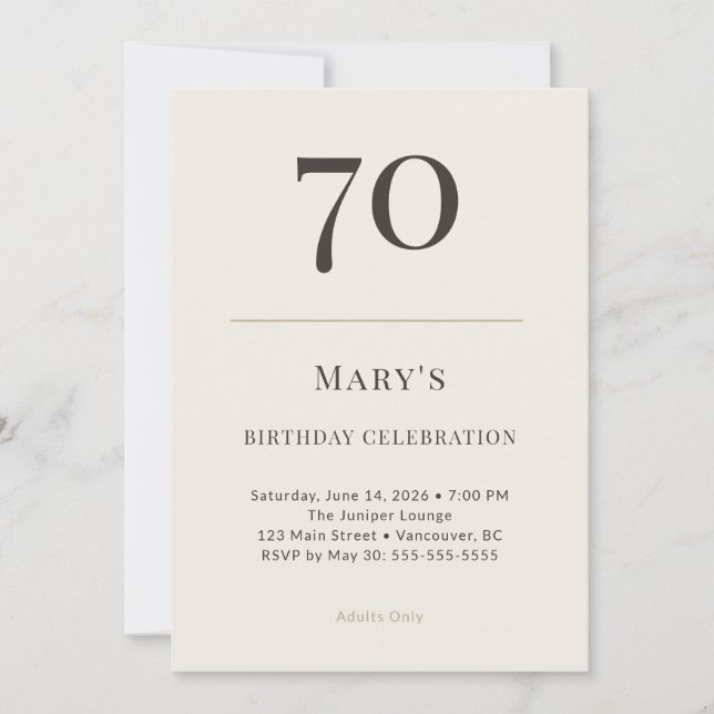 Convites Celebração de 70 Anos em Taupe e Creme Moderno (Frente)