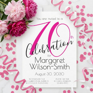 Convites Celebração de 70 anos Rosa e Preto Elegante Aniver
