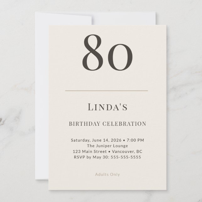 Convites Celebração de 80 Anos em Taupe e Creme Moderno (Frente)