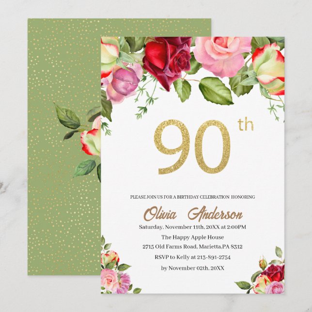 Convites Celebração de 90 Anos de Nascimento Elegante Aquar (Frente/Verso)