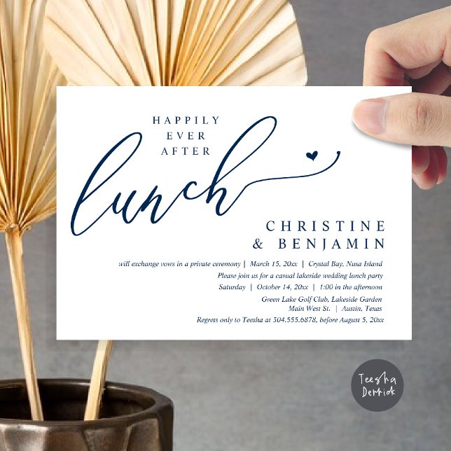 Convites Celebração de Almoço de Casamento Happily Ever Aft (Happily ever After Lunch Invitation Card, PDF, Post Wedding Elopement, In Navy Blue)