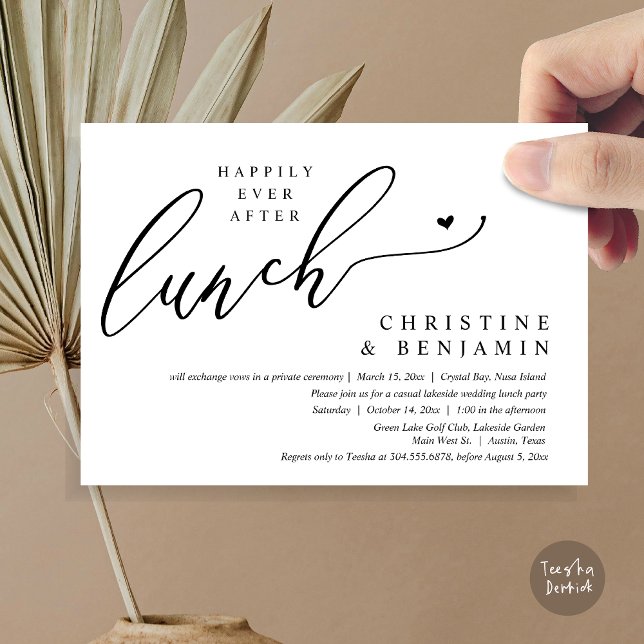 Convites Celebração de Almoço de Casamento Happily Ever Aft (Happily ever After Lunch Invitation Card, PDF, Post Wedding Elopement, In Black and White)