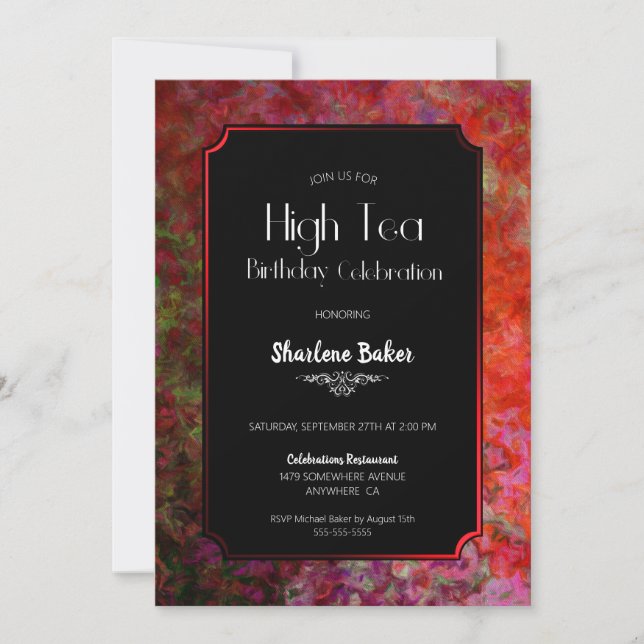 Convites Celebração de Aniversário - Chá Vermelho e Negro (Frente)