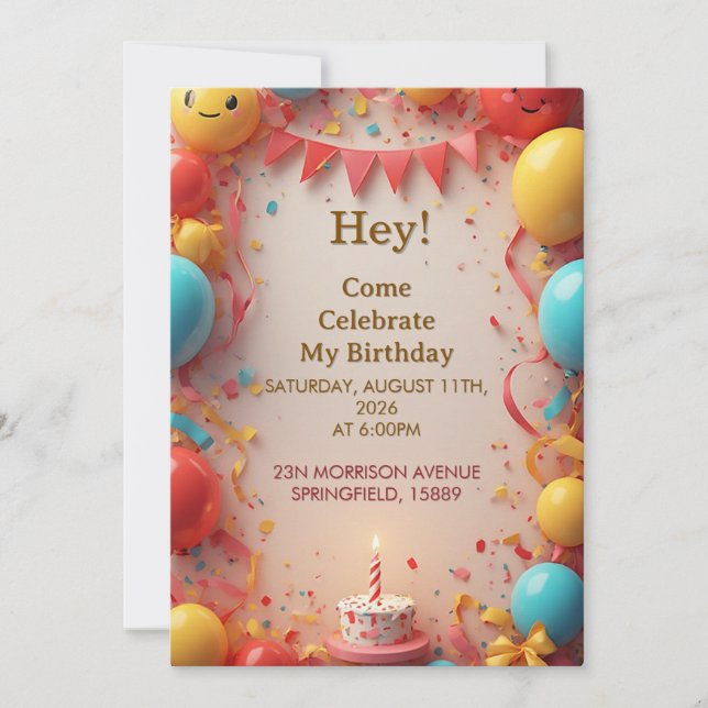 Convites Celebração de Aniversário com Balões (Frente)