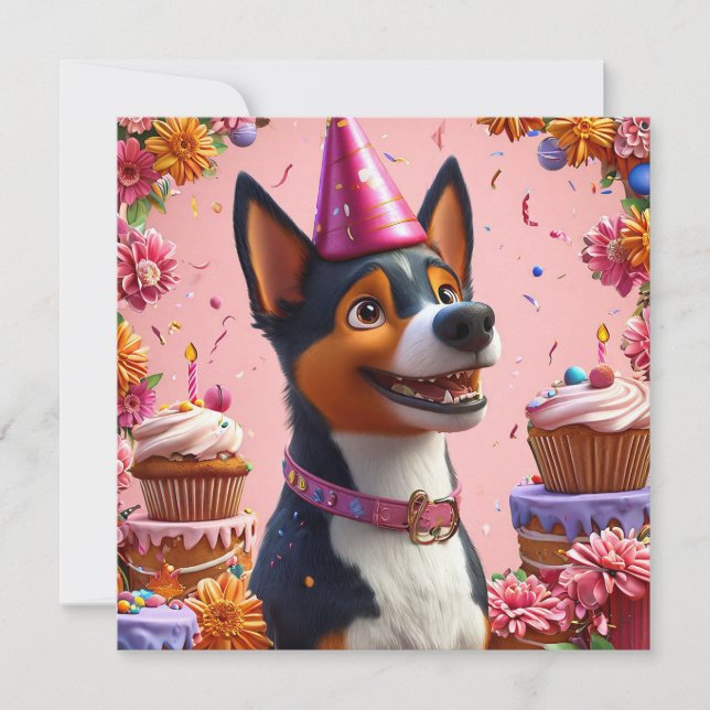 Convites Celebração de Aniversário Com Cachorro Feliz (Frente)