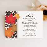 Convites Celebração de Aniversário das Folhas do outono Ele<br><div class="desc">Os convites para comemoração de aniversário com tema de outono formais e elegantes apresentam um padrão de borda de espirais e folhas de maple. As cores ricas do outono incluem laranja, vermelho, cobre, ouro, chocolate marrom e marfim. Enquanto o modelo é configurado para 50º aniversário, isso pode ser modificado para...</div>
