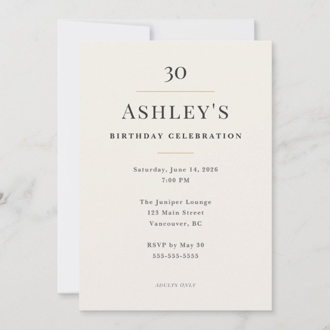 Convites Celebração de Aniversário de 30 anos Minimal Elega (Frente)