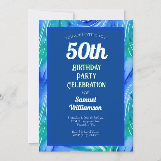 Convites Celebração de Aniversário de 50 anos Azul e Verde (Frente)