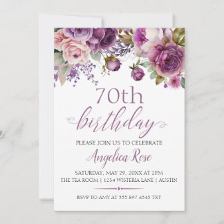 Convites Celebração de Aniversário de 70 anos Floral Roxo