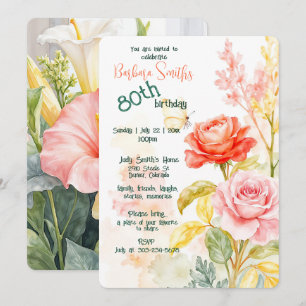 Convites Celebração de Aniversário de 80 Bela Flores de pri