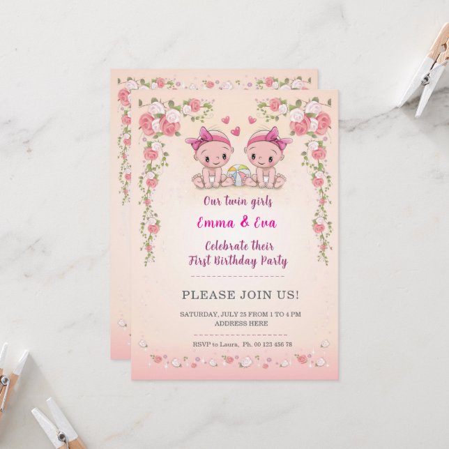Convites Celebração de aniversário de gêmeas (Frente/Verso In Situ)