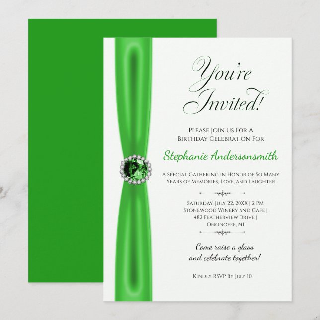 Convites Celebração de Aniversário de Maio - Esmeralda Verd (Frente/Verso)