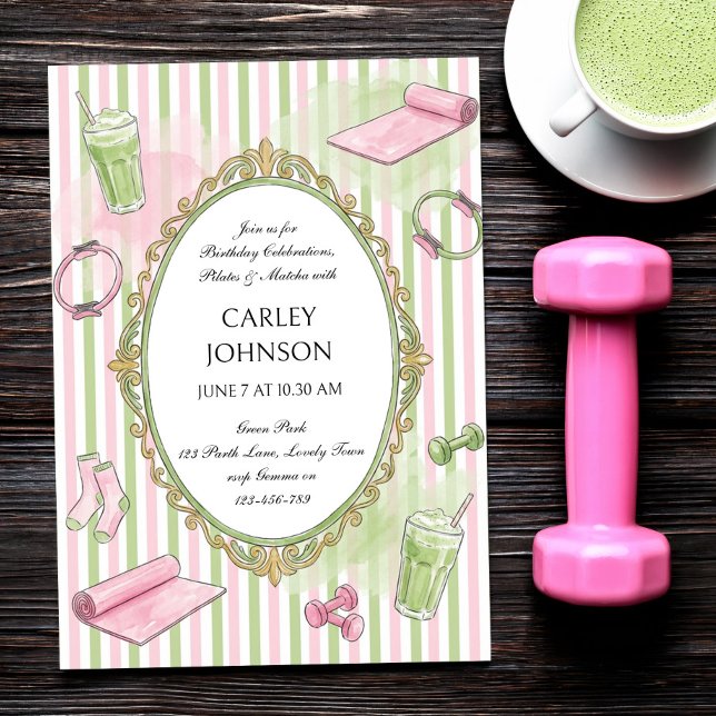 Convites Celebração de Aniversário de Pilates Rosa e Matcha (Pilates and Matcha invitation with preppy pink and green stripes and hand-drawn style illustrations)
