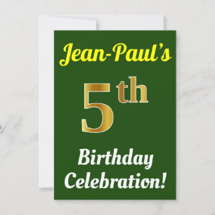Convites Celebração de aniversário do 5 Dourado Verde, Faux