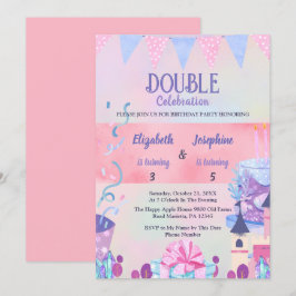 Convites Celebração de Aniversário Duplo das Meninas Pastel