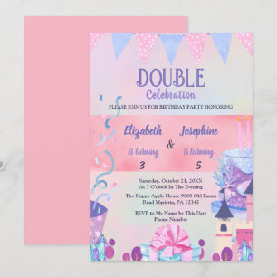 Convites Celebração de Aniversário Duplo das Meninas Pastel