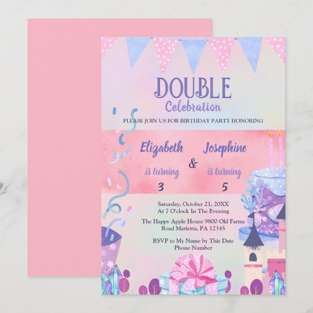 Convites Celebração de Aniversário Duplo das Meninas Pastel (Frente/Verso)