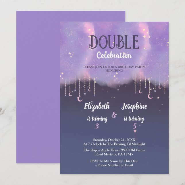 Convites Celebração de Aniversário Duplo Roxo Para Meninas (Frente/Verso)