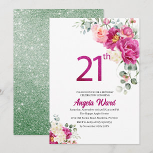 Convites Celebração de aniversário elegante floral glitter 
