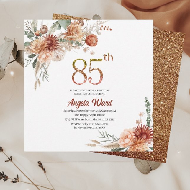 Convites Celebração de aniversário elegante floral terracot (Criador carregado)