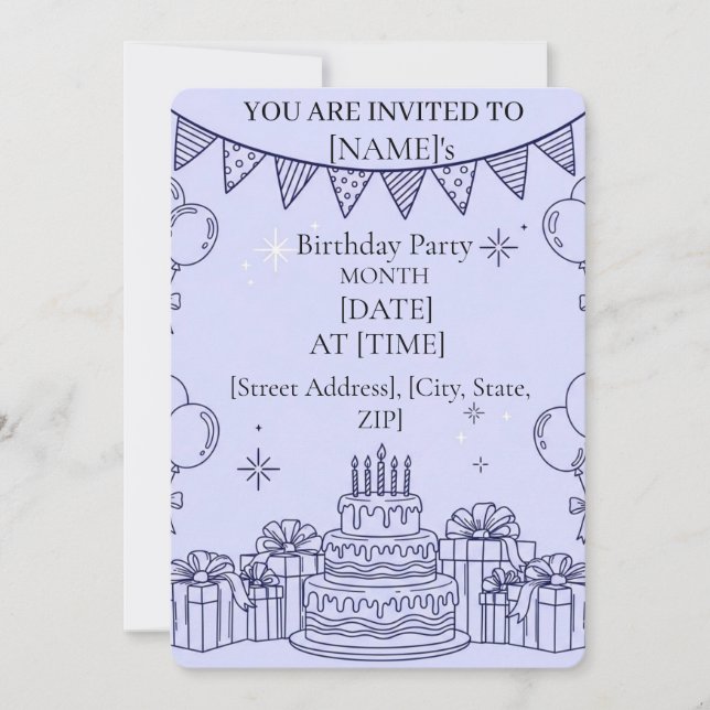 Convites Celebração de Aniversário em Linha Arte – Bolo de  (Frente)