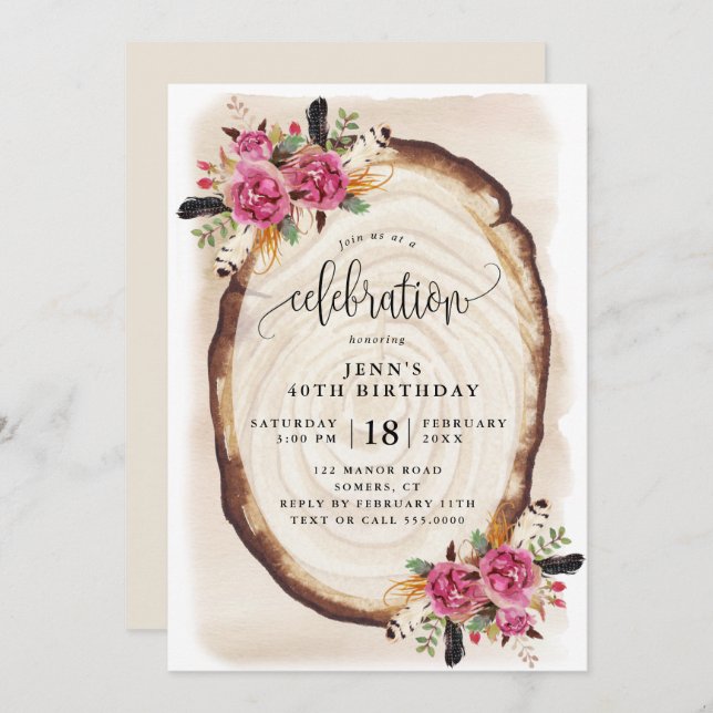 Convites Celebração de Aniversário, Fatia De Madeira Rosa F (Frente/Verso)