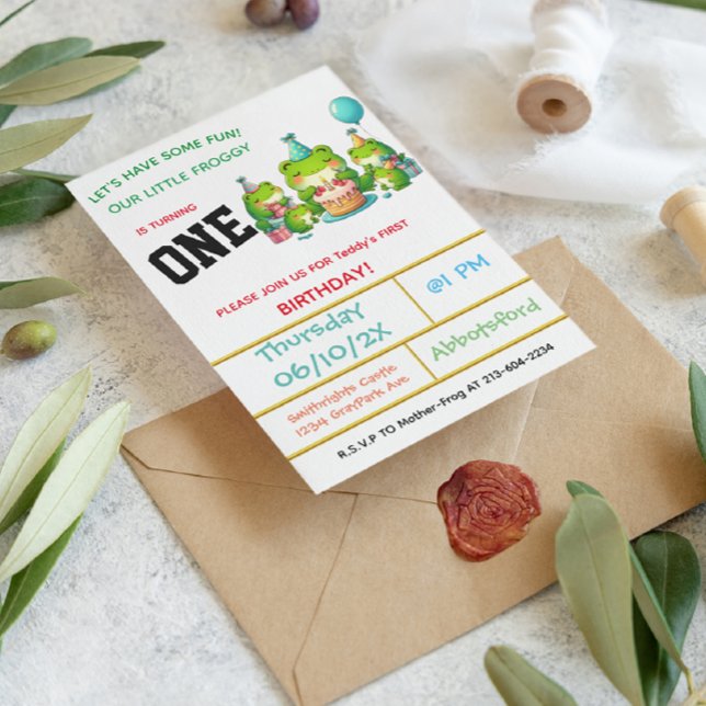 Convites Celebração de Aniversário Froggy - 1 Ano! (Criador carregado)