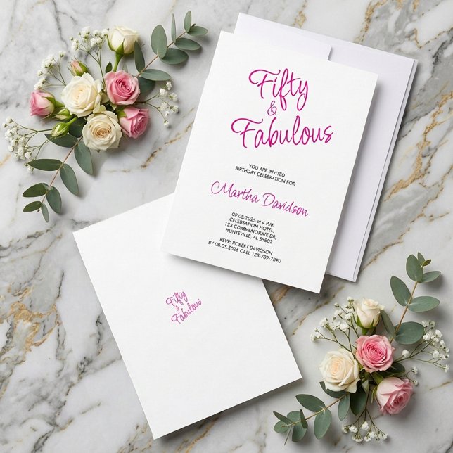 Convites Celebração de Aniversário Rosa Cinquenta e Fantást (Fifty & Fabulous Pink Birthday Celebration Invitation)