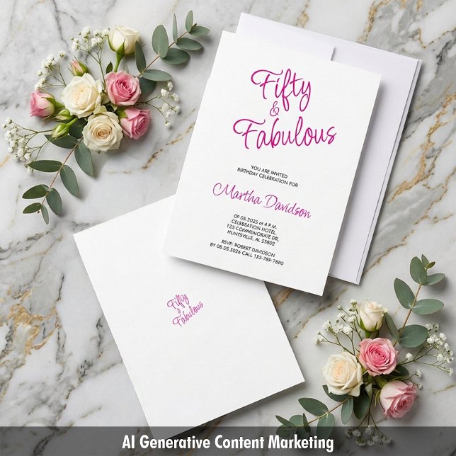Convites Celebração de Aniversário Rosa Cinquenta e Fantást (Fifty & Fabulous Pink Birthday Celebration Invitation)