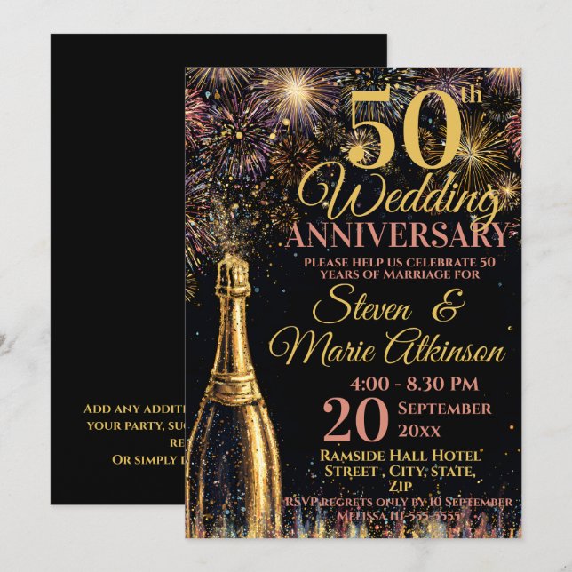 Convites Celebração de Bodas de Ouro com Espumante (Frente/Verso)