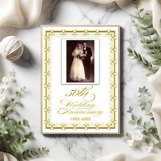 Convites Celebração de Bodas de Ouro dos 50 anos (Beautiful 50th wedding anniversary invite with photo and event details on the back.)