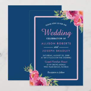 Convites Celebração de Casamento Azul de Marinho Floral R